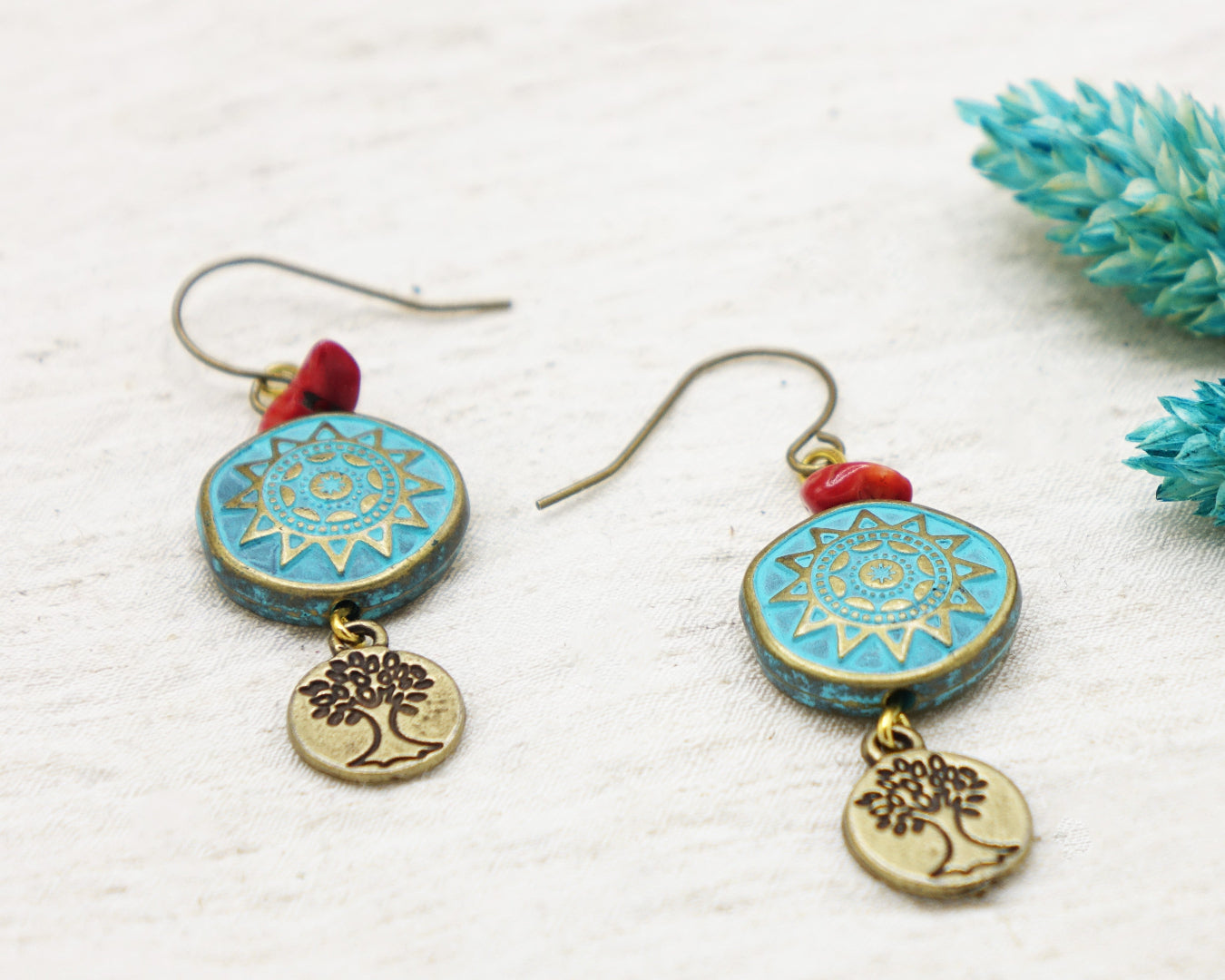 Boho Turquoise Earrings - Tree of Life