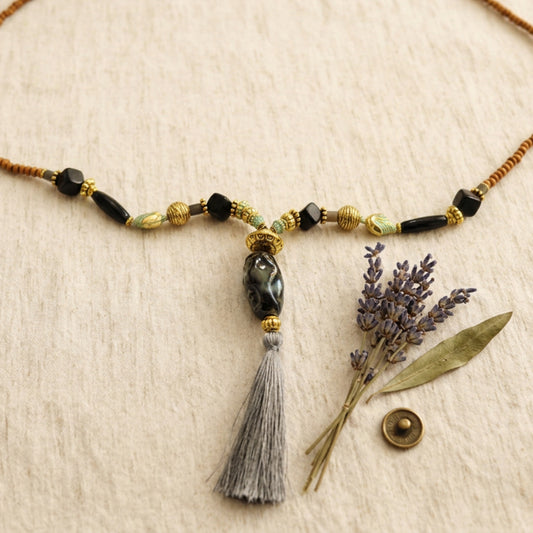 Long Boho Beaded Necklace with Tassel - Verna Artisan Works