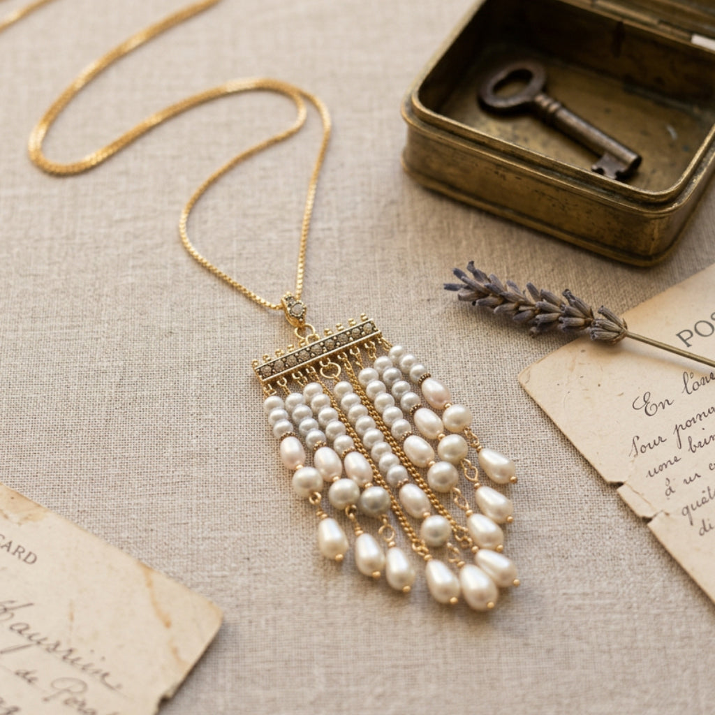 A gold-tone necklace with a rectangular pendant featuring multiple strands of white baroque pearls, styled on a textured linen surface with vintage paper, a key in a tin, and a lavender sprig.