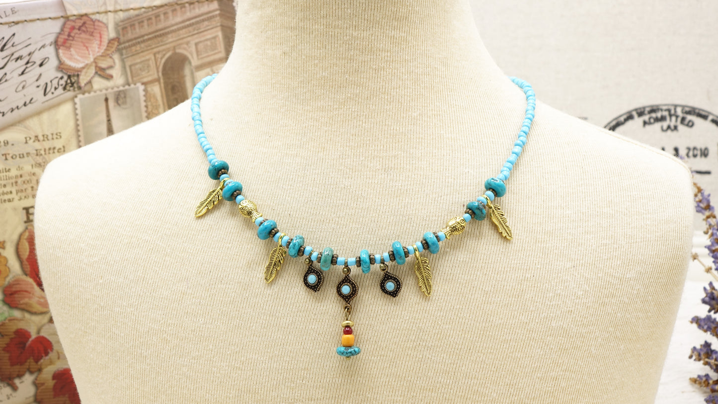 Turquoise Beaded Feather Necklace