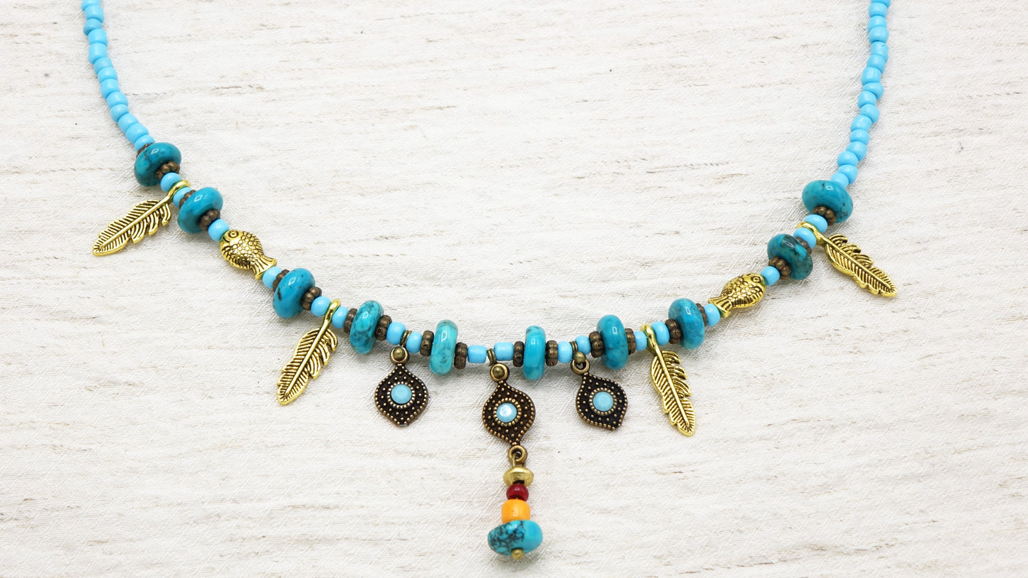 Turquoise Beaded Feather Necklace