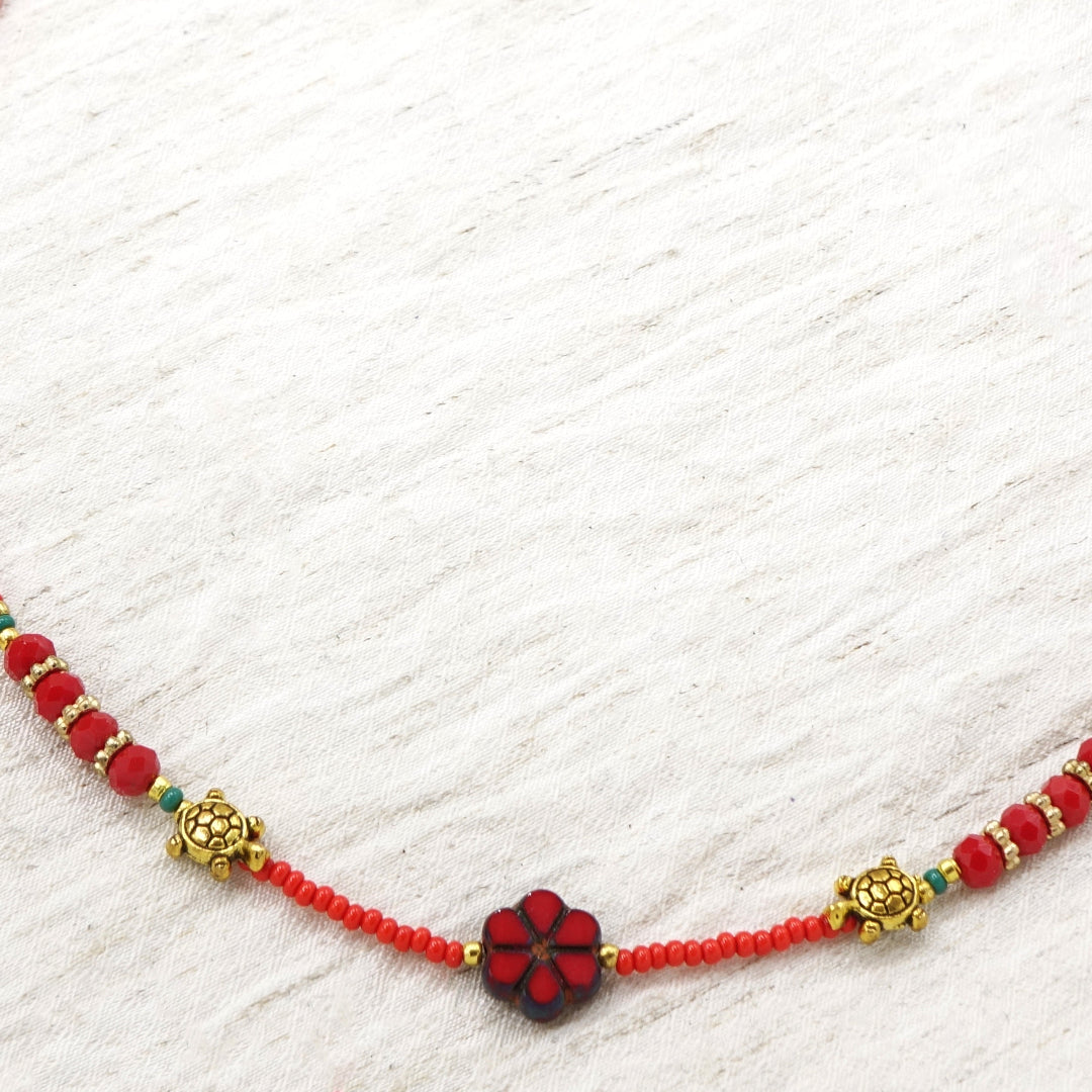 Boho Beaded Flower Necklace with Caretta Carettas