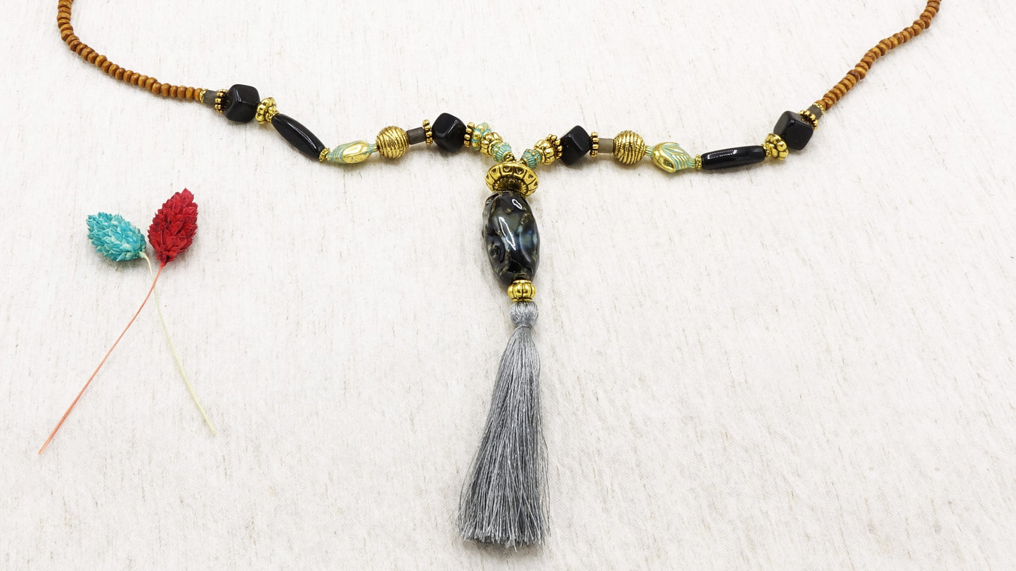 Long Boho Beaded Necklace with Tassel