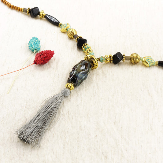 Long Boho Beaded Necklace with Tassel