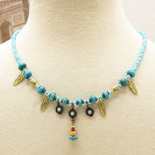 Turquoise Beaded Feather Necklace