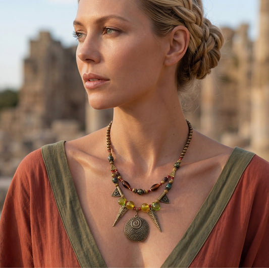 Woman wearing a necklace with a blurred ancient ruin background