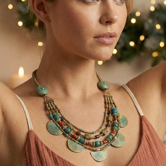 Woman wearing a detailed necklace with a festive background