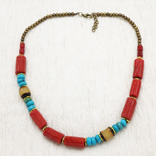Beaded Coral & Turquoise Necklace