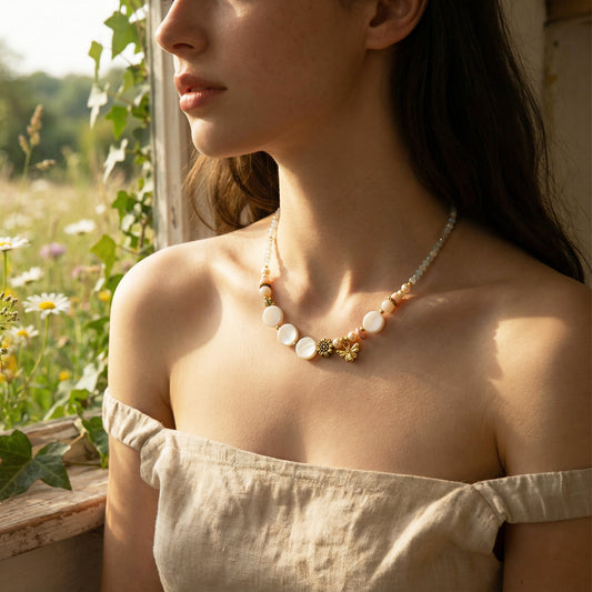 Woman wearing a necklace with a natural setting of flowers and greenery