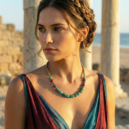 Woman wearing a colorful necklace in an outdoor setting with columns and ocean view