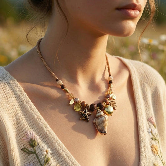 Close-up of a person wearing a decorative necklace with natural elements in a blurred outdoor setting.