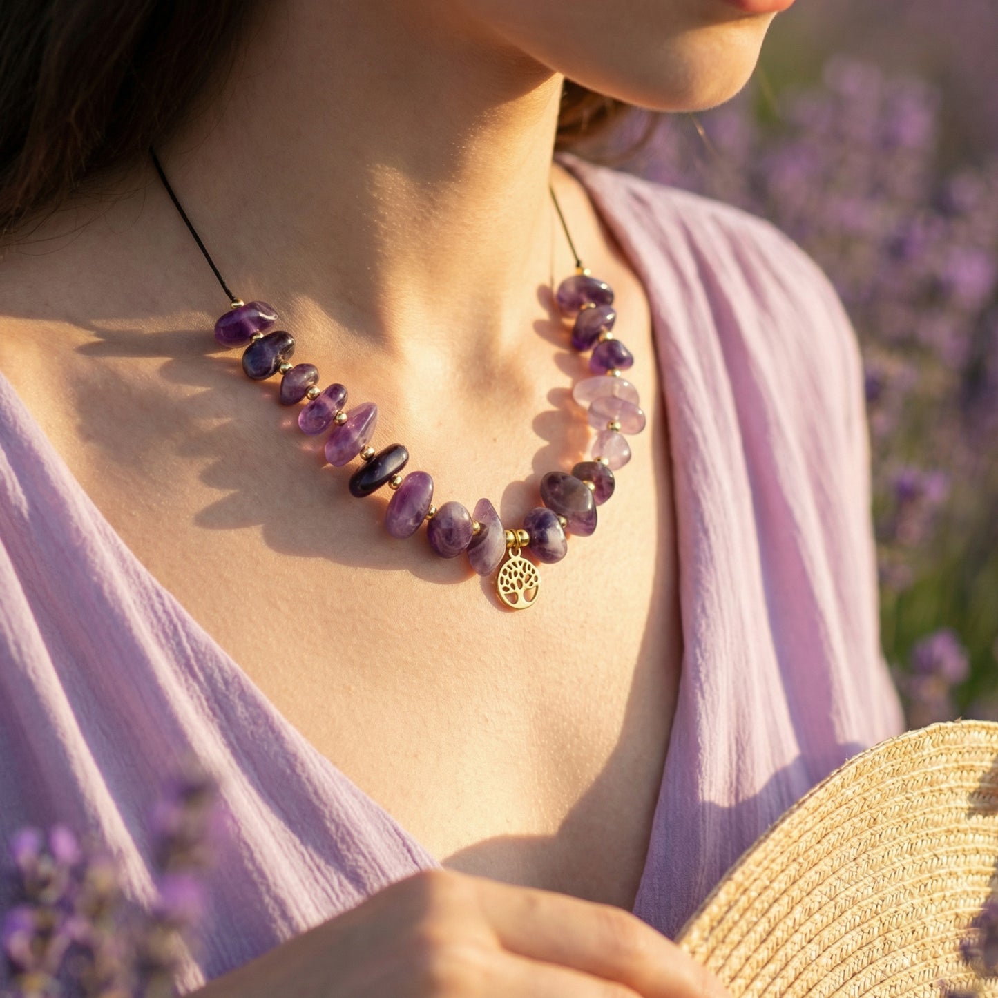 Person wearing a purple beaded necklace with a blurred lavender field in the background