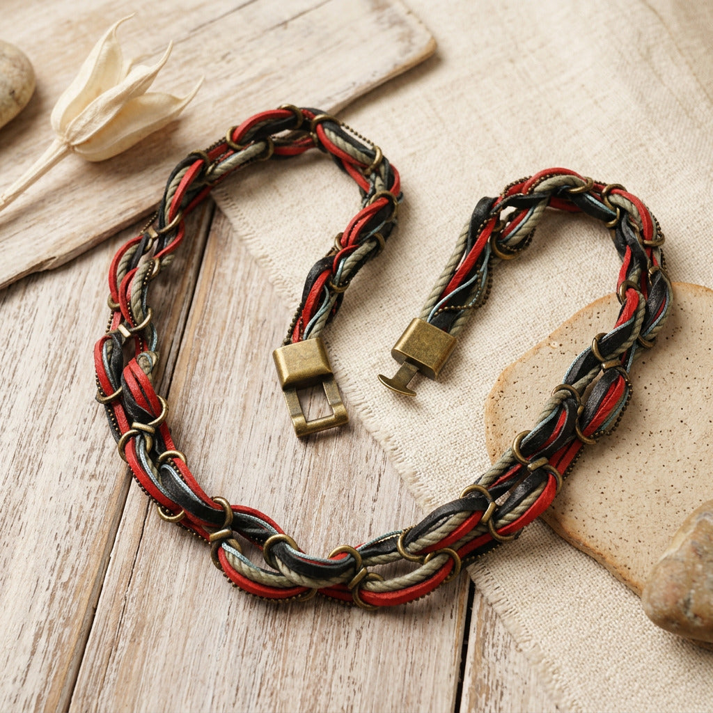 Multi-Color Woven Leather & Brass Ring Choker Collar