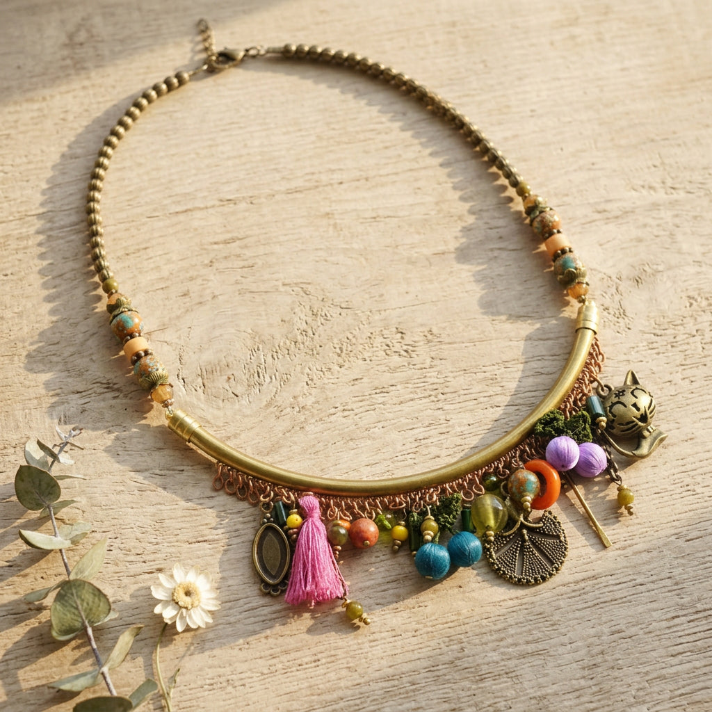 Cat Charm Statement Necklace - Verna Artisan Works
