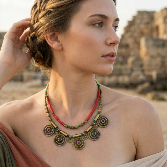 Woman wearing a decorative necklace with a blurred background