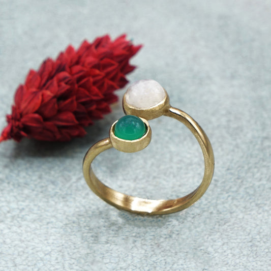 Handcrafted Adjustable Green Agate & Moonstone Gemstone Ring