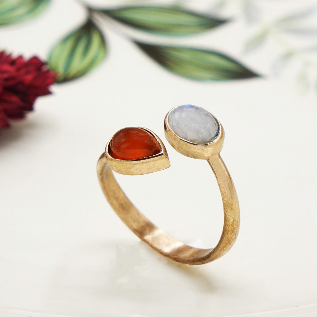 Red Agate and Moonstone Double Gemstone Ring