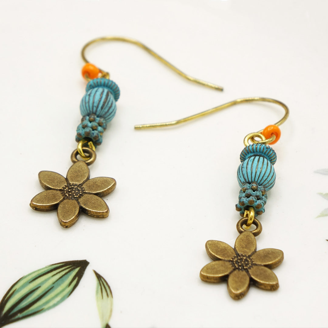 Boho Floral Drop Earrings – Vintage Brass & Turquoise - Verna Artisan Works
