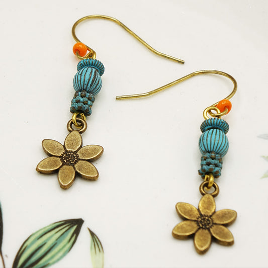 Boho Floral Drop Earrings – Vintage Brass & Turquoise