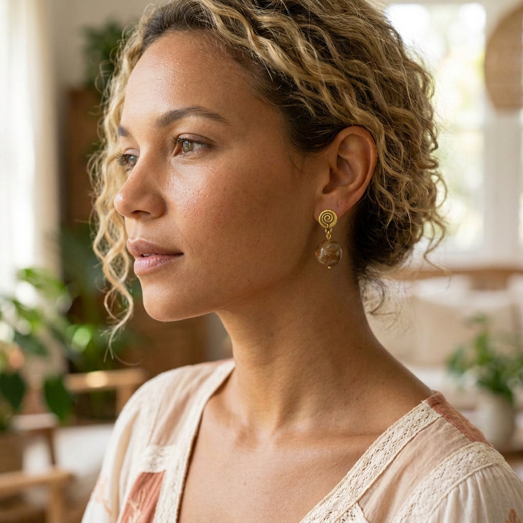 A woman with curly blonde hair is shown in profile wearing a gold spiral drop earring with a clear faceted bead. The background is a softly blurred indoor setting with warm lighting and plants.