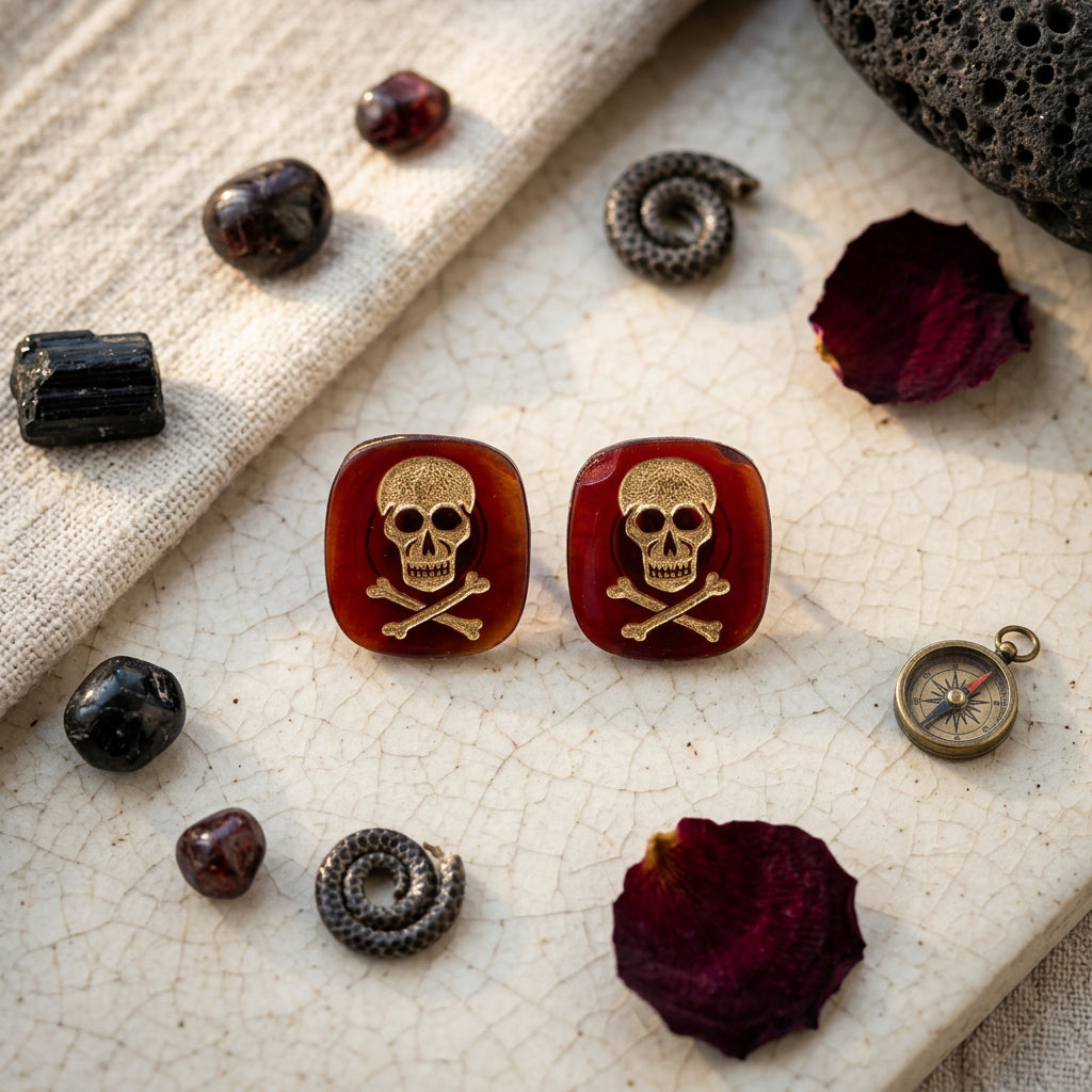 A pair of square stud earrings with a red translucent background and a raised gold skull and crossbones motif, styled on a textured cream surface with dried rose petals, crystals, and a small compass.