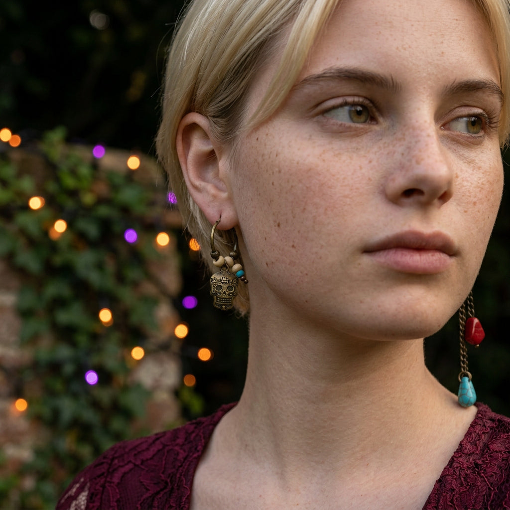 A close-up portrait of a woman with blonde hair and freckles, wearing ornate dangling earrings with gold-toned skull charms, turquoise beads, and red and blue teardrop accents, set against a blurred background of greenery and warm string lights.