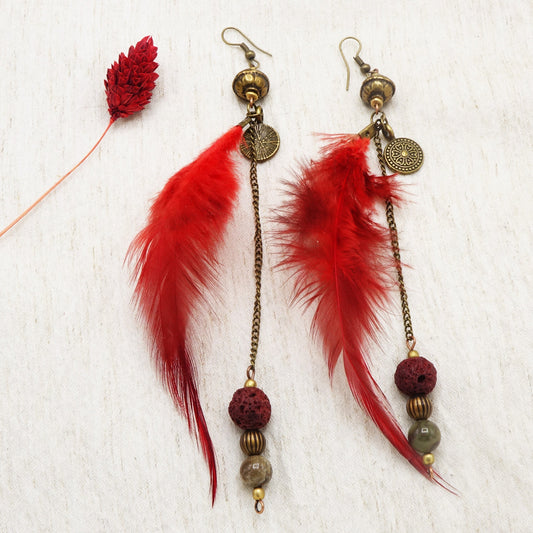 Boho Feather Earrings - Flame Red