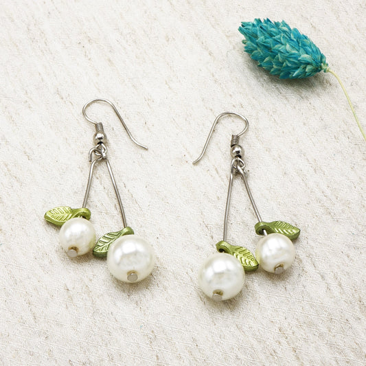 Glass Pearl Drop Earrings with Leaf Detail