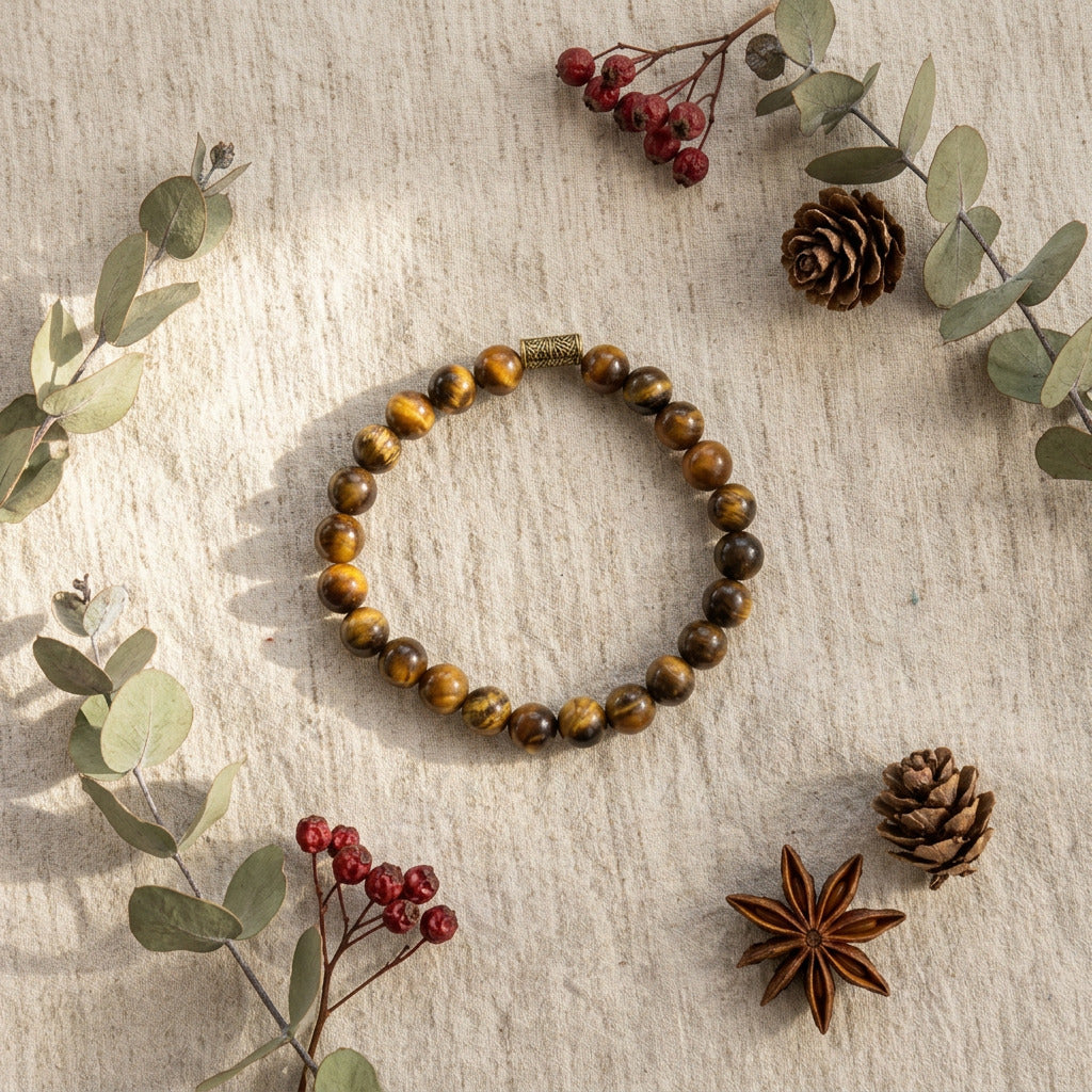 A beaded bracelet made of polished brown and gold tiger's eye beads with a small metallic cap, arranged in a circle on a textured beige surface with eucalyptus leaves, berries, pinecones, and star anise.