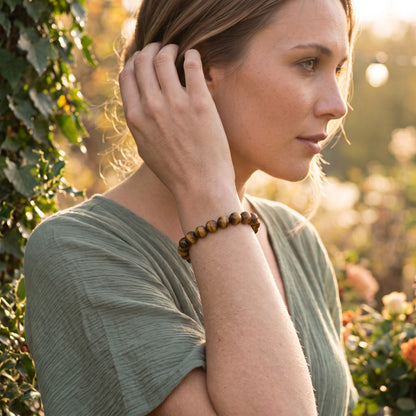 A woman wearing a beaded bracelet with brown and black tiger's eye stones, shown in profile outdoors against a warm, sunlit background of greenery.