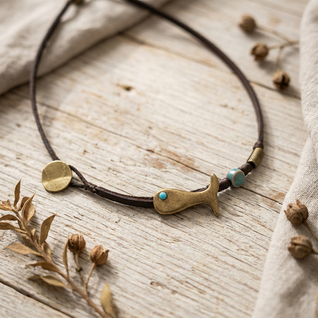 Boho Leather Cord Fish Choker - Verna Artisan Works