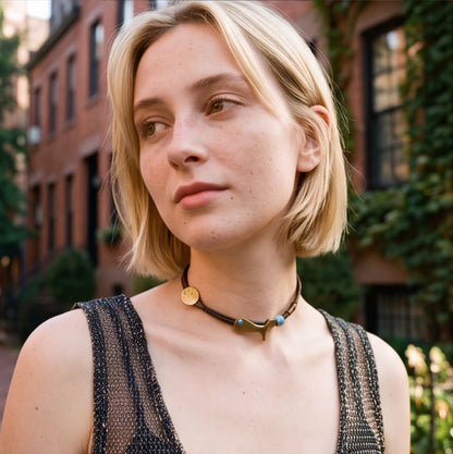 A close-up portrait of a woman with short blonde hair wearing a dark brown beaded choker necklace with gold-toned metal accents, set against a blurred outdoor background of brick buildings and greenery.