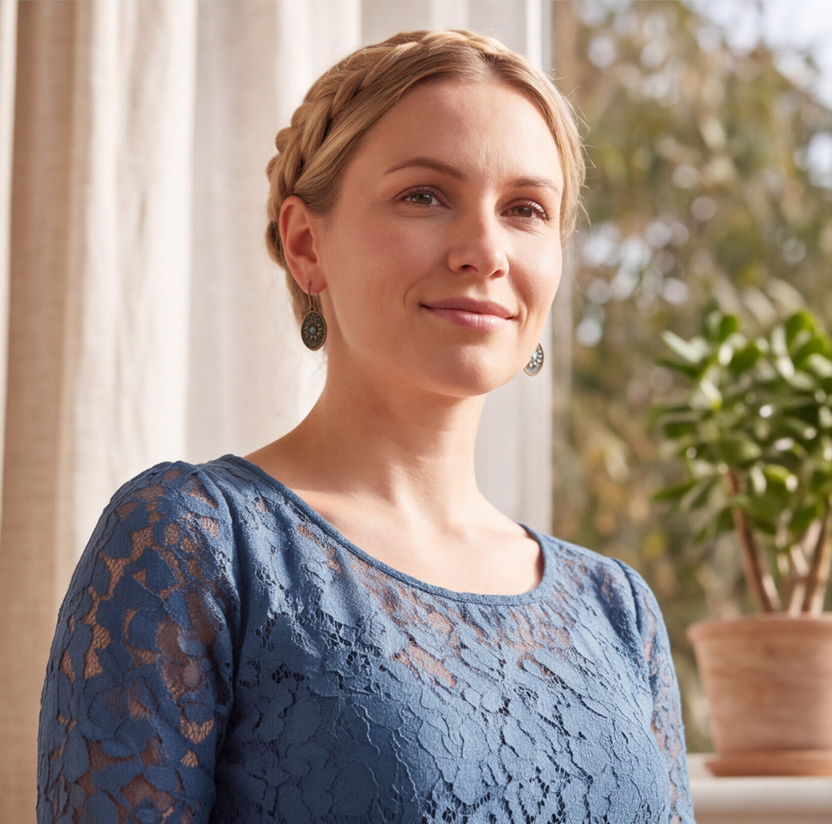 A woman with blonde braided hair wearing a dusty blue lace long-sleeve top and dark green earrings, standing in a brightly lit room with a potted plant in the background.