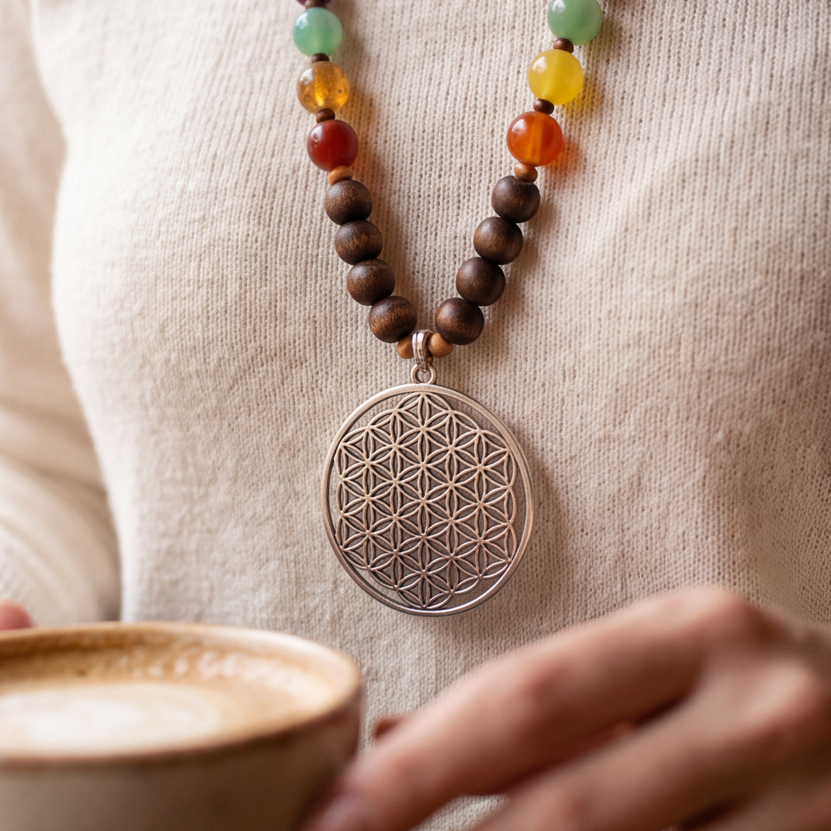 Long Beaded "Flower of Life" Necklace - Verna Artisan Works