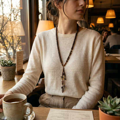 A woman in a cozy cafe setting wearing a cream knit sweater and a long dark brown beaded necklace with a feather pendant. She is seated at a wooden table with a ceramic cup of coffee in front of her.
