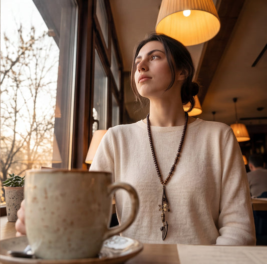 A woman in a cozy cafe setting wearing a cream-colored knit sweater and a long beaded necklace, holding a ceramic mug in the foreground.