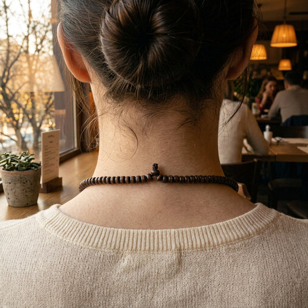 A person viewed from behind wearing a dark brown beaded necklace with a small central bead detail, photographed in a softly lit indoor setting.