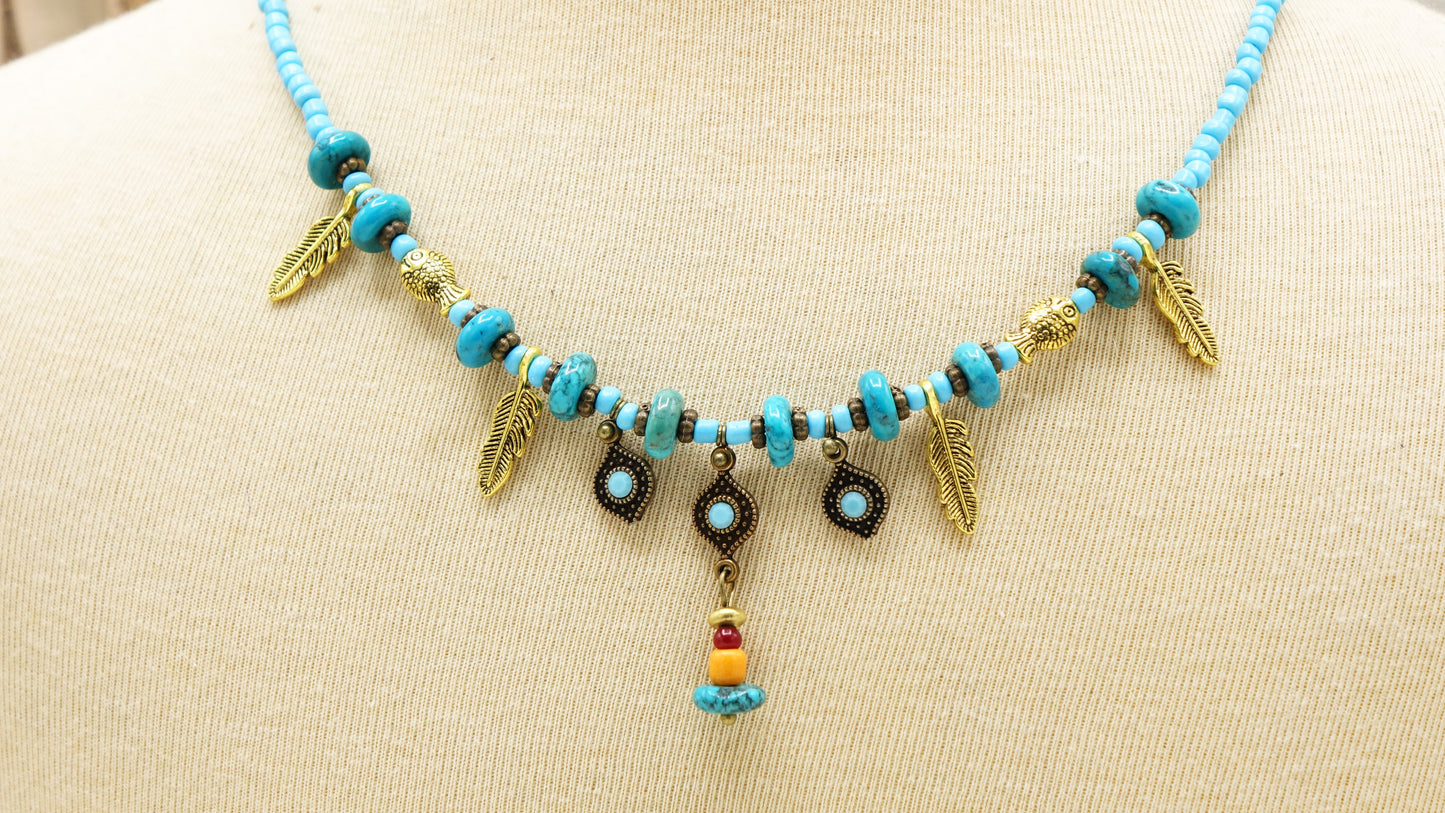 Turquoise Beaded Feather Necklace