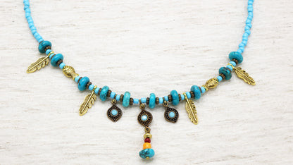 Turquoise Beaded Feather Necklace
