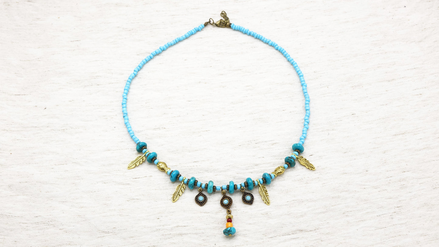 Turquoise Beaded Feather Necklace