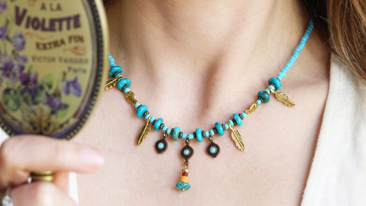 Turquoise Beaded Feather Necklace