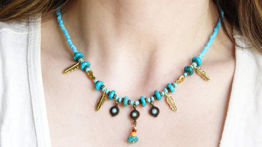 Turquoise Beaded Feather Necklace