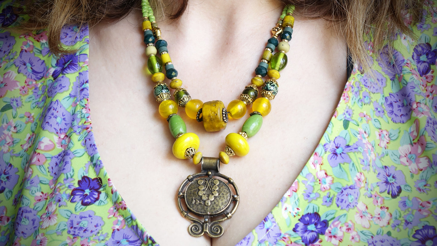 Boho chic style, colorful, beaded necklace.