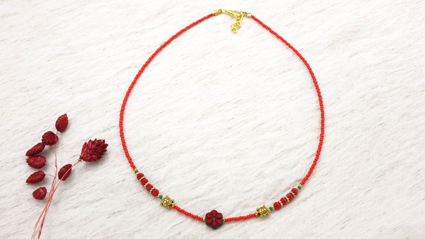 Boho Beaded Flower Necklace with Caretta Carettas