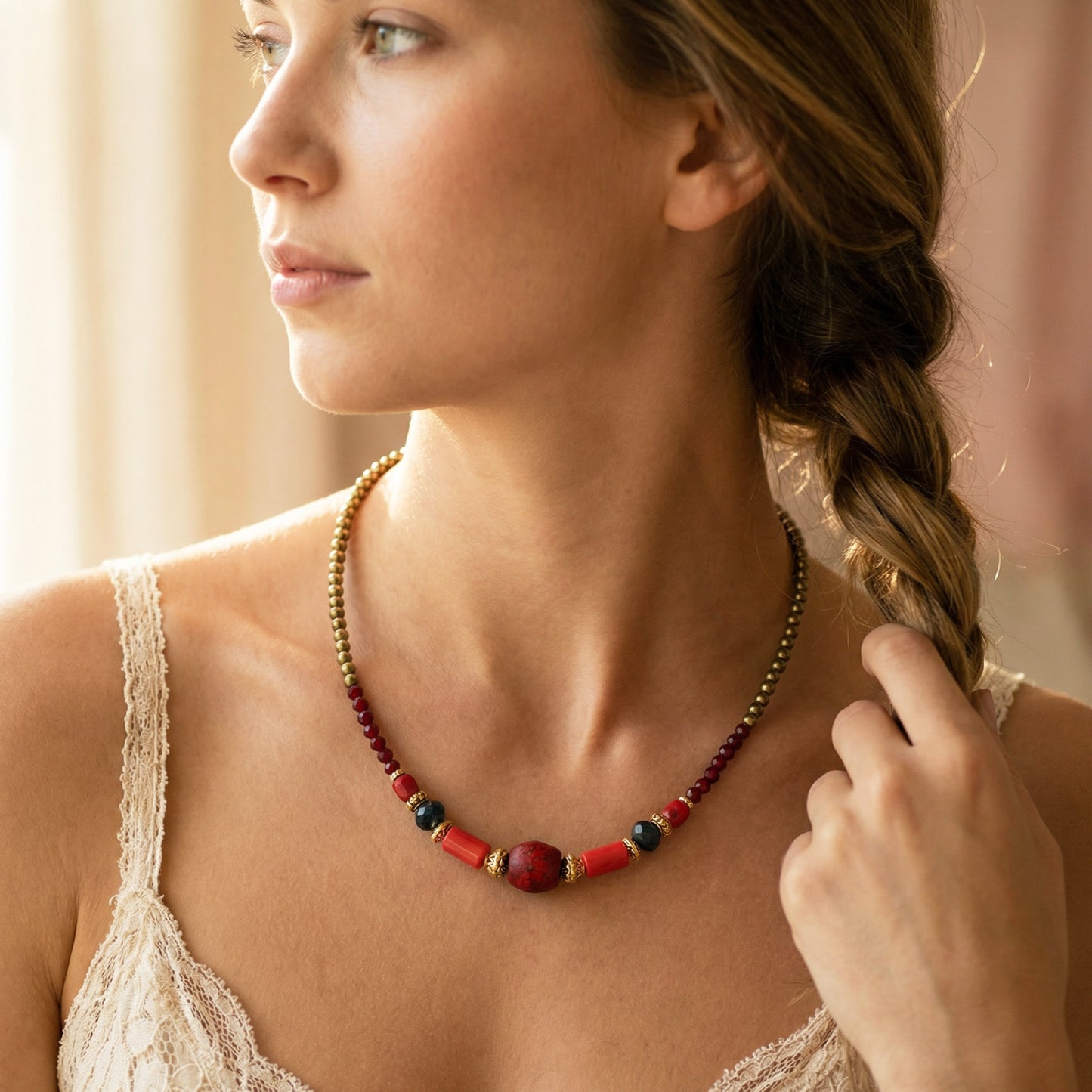 Woman wearing a colorful beaded necklace with a blurred background