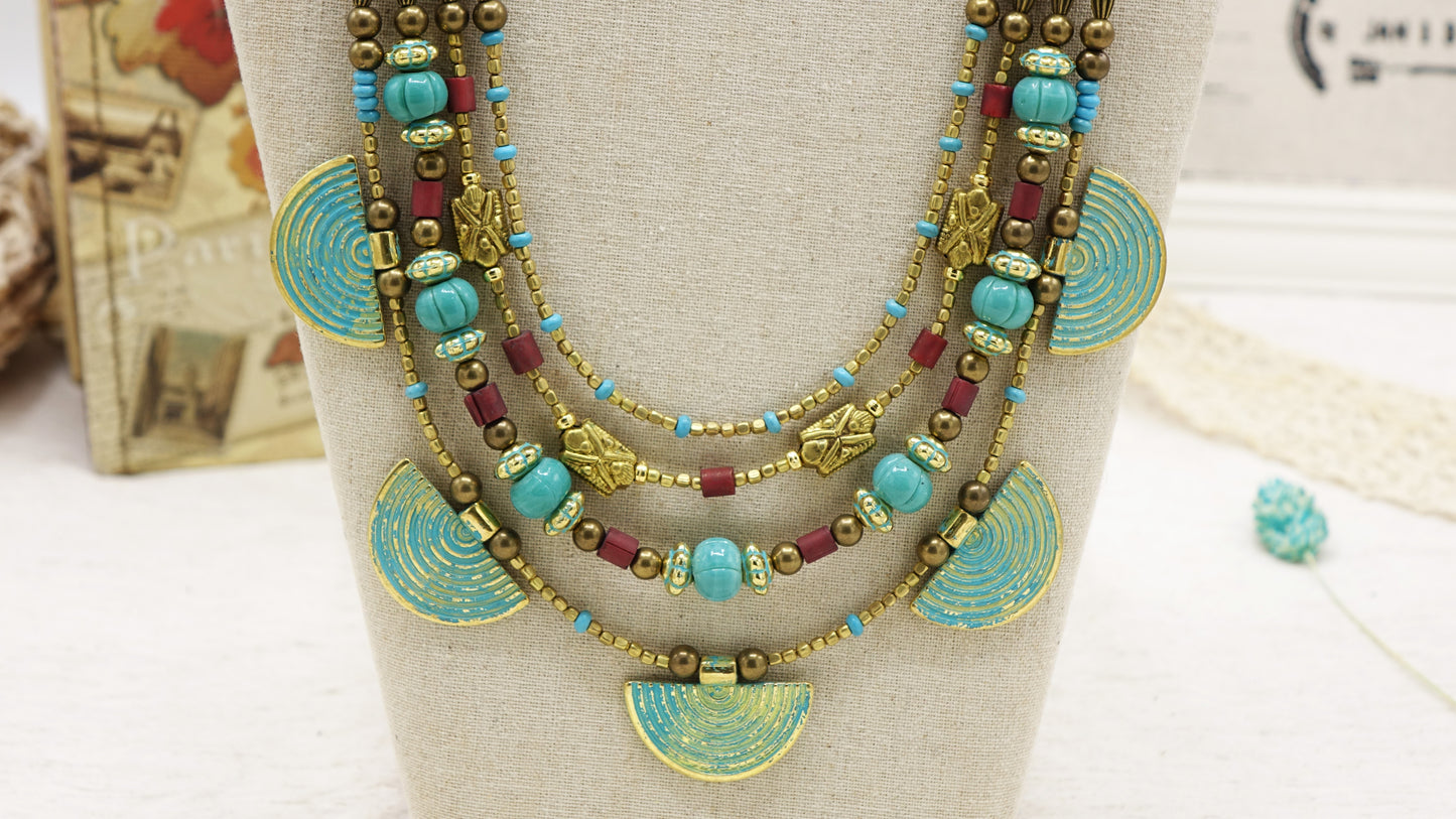 Turquoise Ginkgo Beaded Layered Necklace