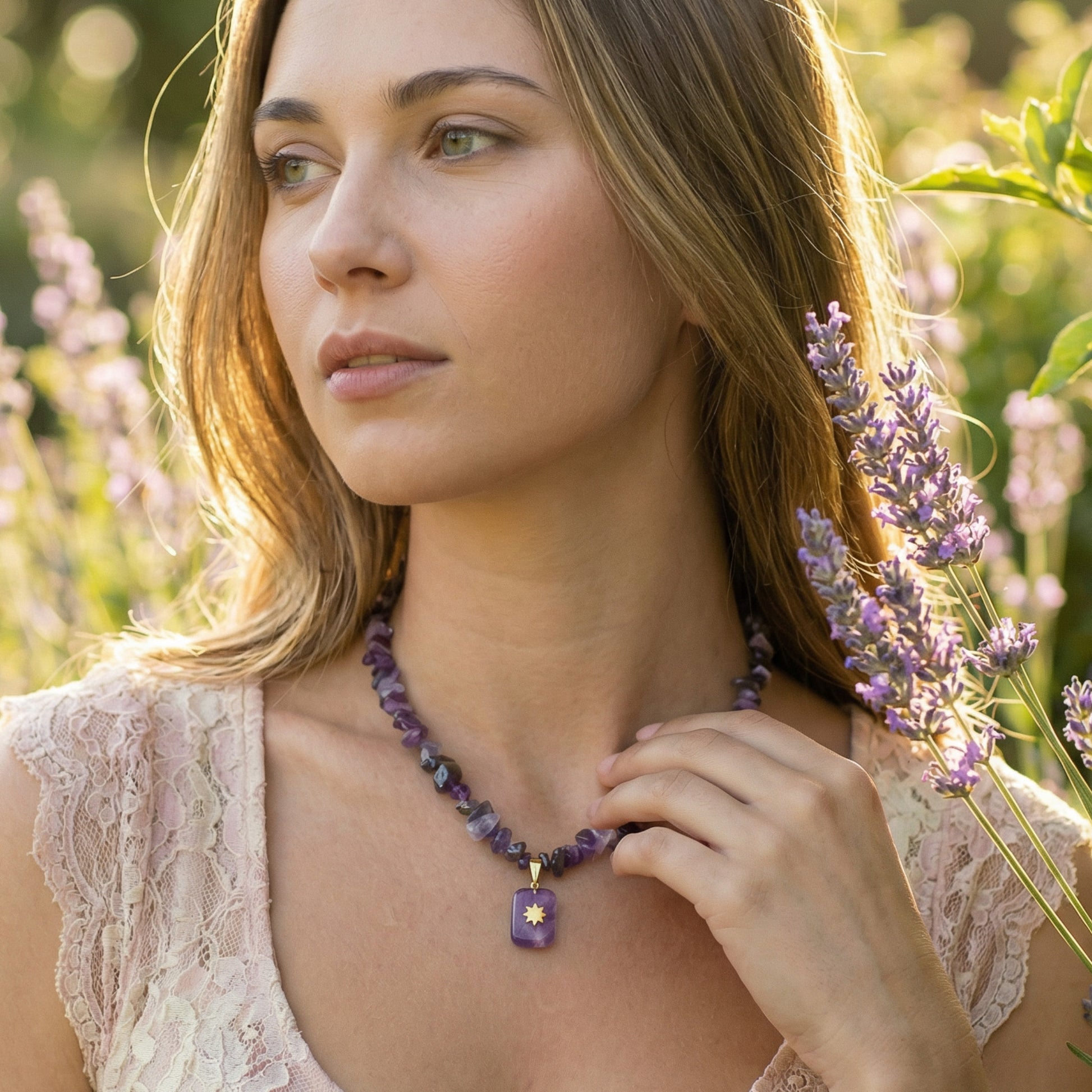 Woman wearing a necklace with a purple pendant in a lavender field