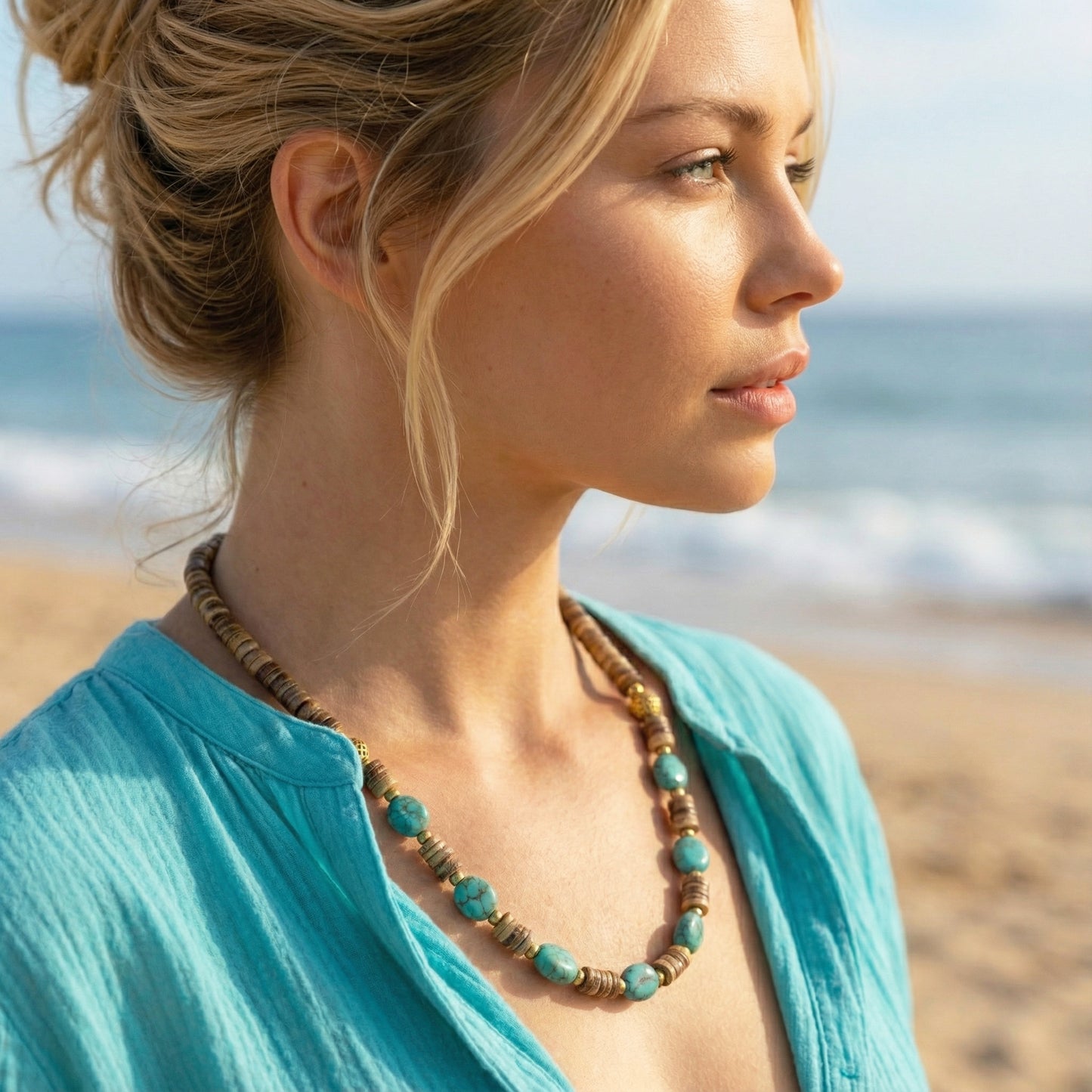 Woman wearing a turquoise top and beaded necklace on a beach