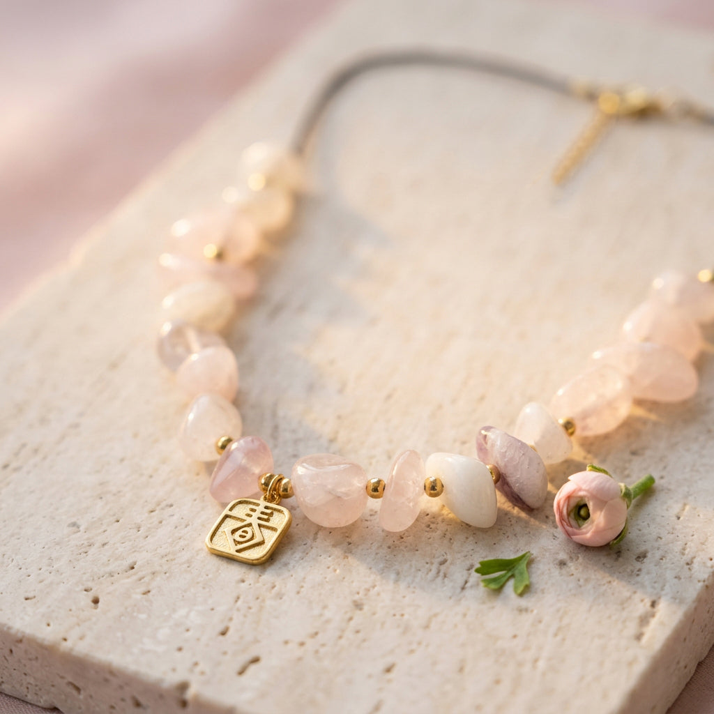 A delicate necklace with light pink and white stone beads, small gold spacer beads, a gold charm, and a small pink flower accent, displayed on a textured beige stone surface.