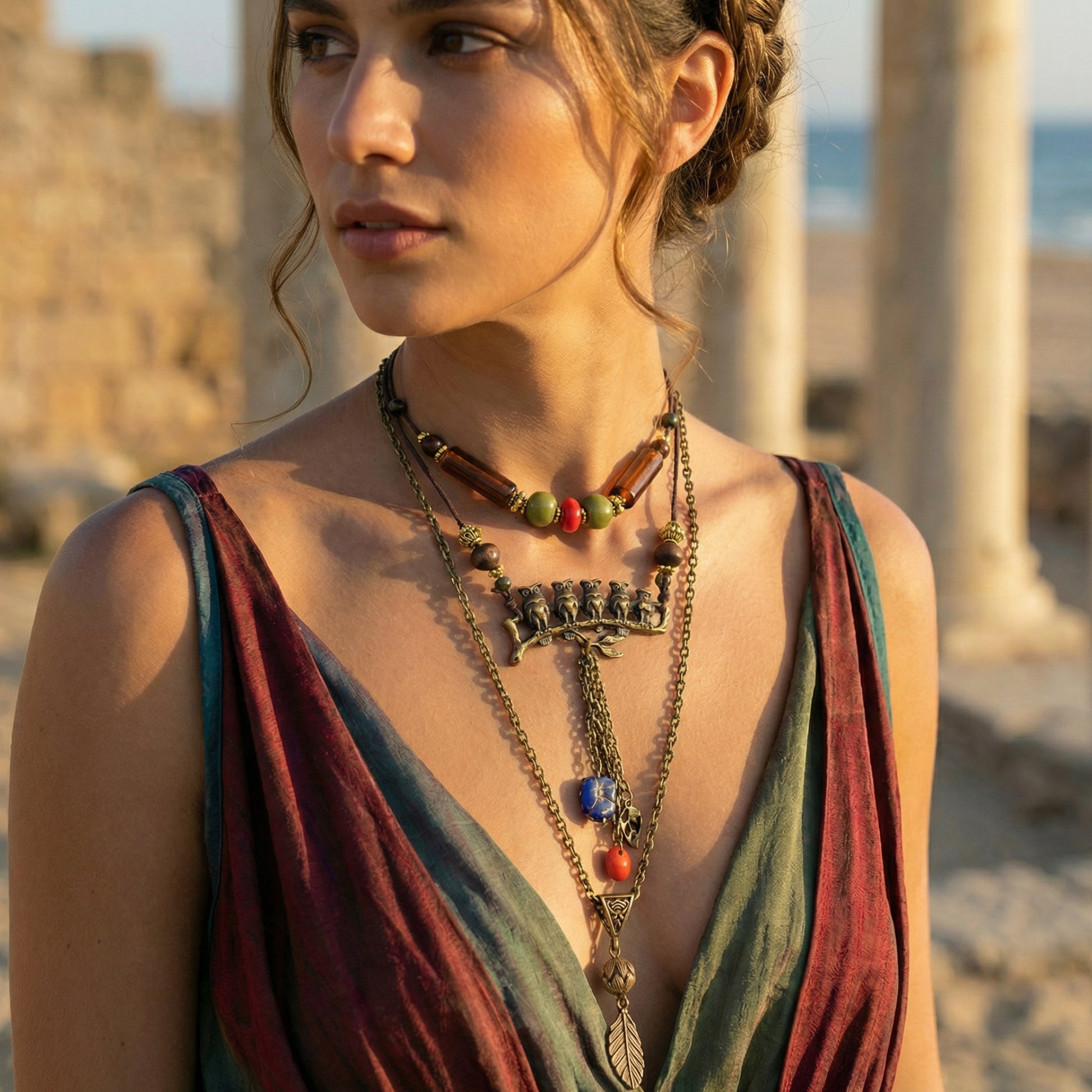 Woman wearing a colorful necklace with a scenic background